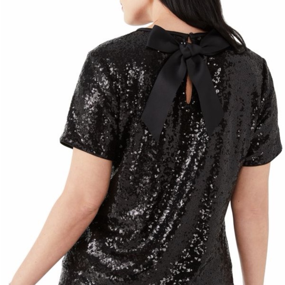 NEW Kate Spade Black Sequin Back Bow Short Sleeve Top, Size Large (L)